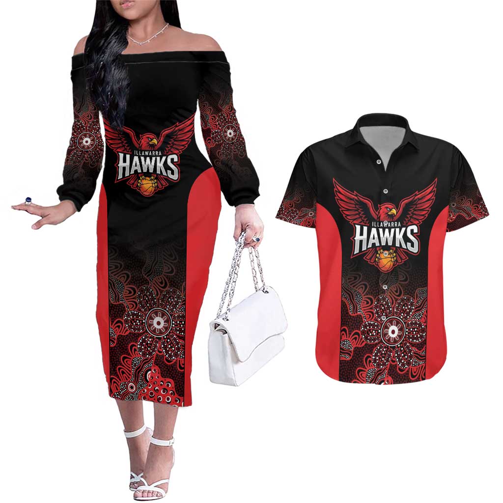 Basketball Custom Illawarra Couples Matching Off The Shoulder Long Sleeve Dress and Hawaiian Shirt Simple Australian Dot Art - Aussie Hoodie