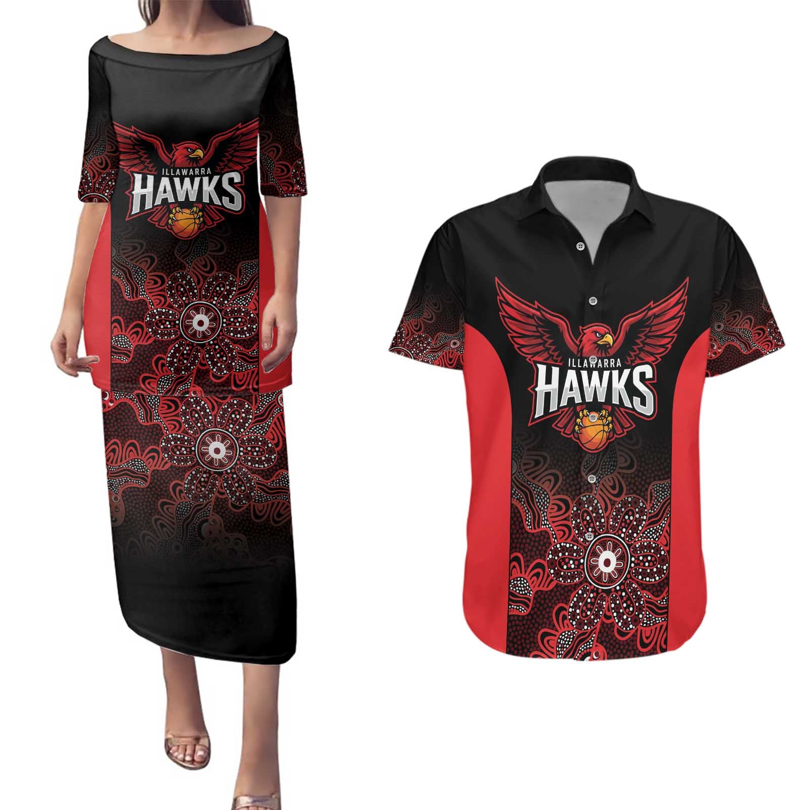 Basketball Custom Illawarra Couples Matching Puletasi and Hawaiian Shirt Simple Australian Dot Art - Aussie Hoodie