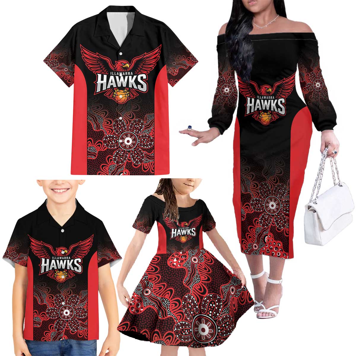 Basketball Custom Illawarra Family Matching Off The Shoulder Long Sleeve Dress and Hawaiian Shirt Simple Australian Dot Art - Aussie Hoodie