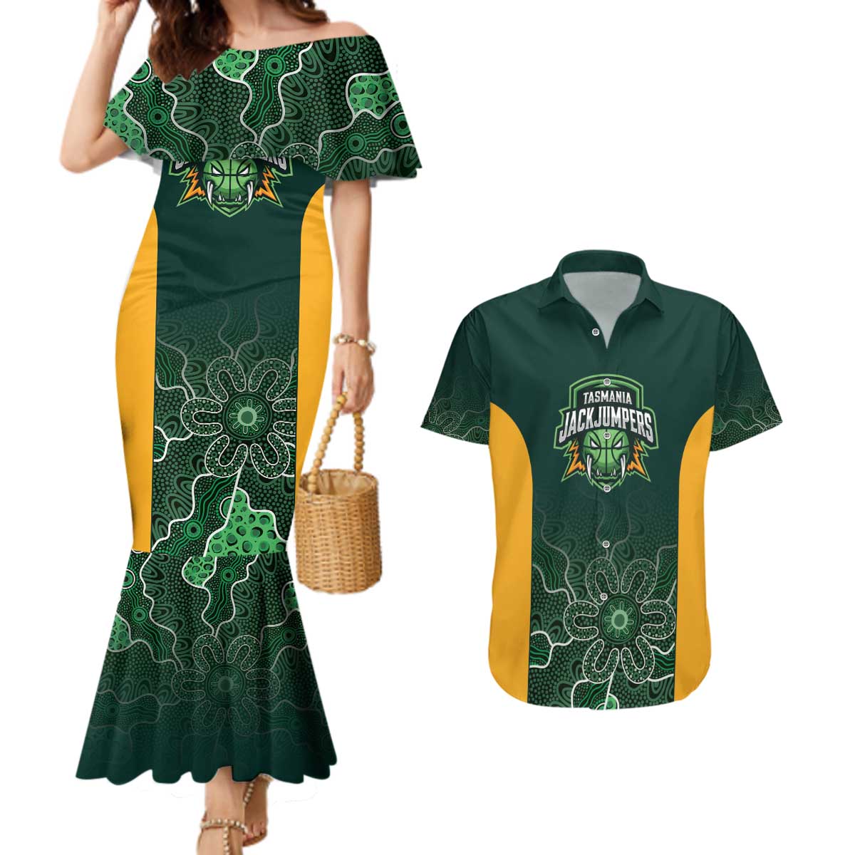 Basketball Custom Tasmania Couples Matching Mermaid Dress and Hawaiian Shirt Simple Australian Dot Art - Aussie Hoodie
