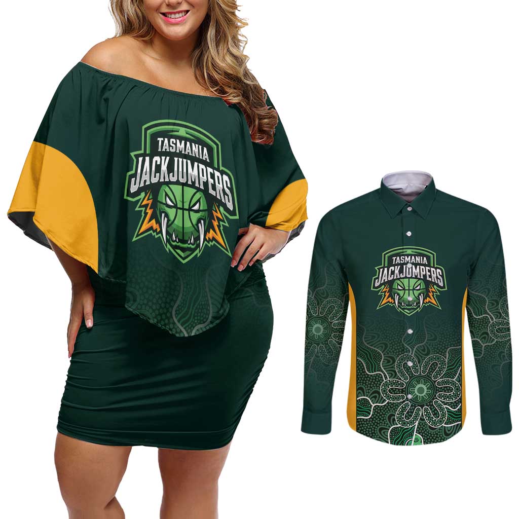 Basketball Custom Tasmania Couples Matching Off Shoulder Short Dress and Long Sleeve Button Shirt Simple Australian Dot Art - Aussie Hoodie