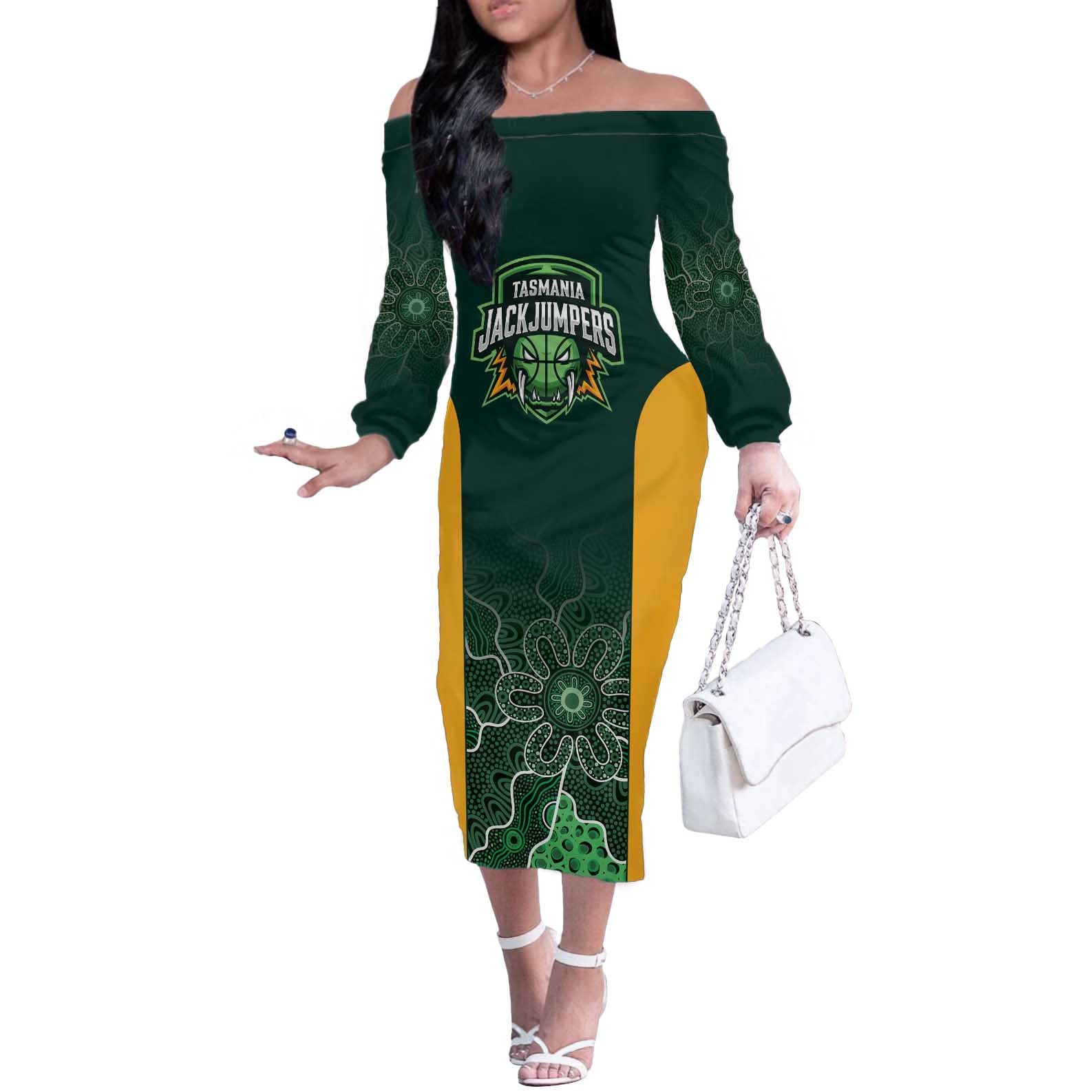 Basketball Custom Tasmania Off The Shoulder Long Sleeve Dress Simple Australian Dot Art - Aussie Hoodie