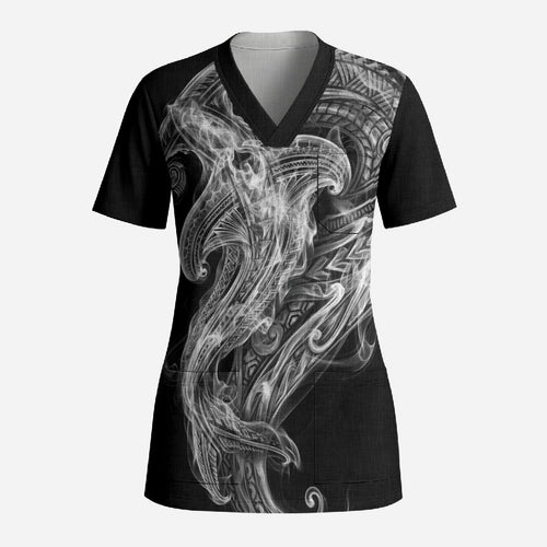 Pango Maori Tribal Hammershark Ghost Spirit Scrub Top