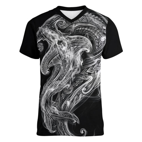 Pango Maori Tribal Hammershark Ghost Spirit Women V-Neck T-Shirt