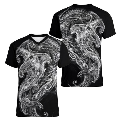 Pango Maori Tribal Hammershark Ghost Spirit Women V-Neck T-Shirt