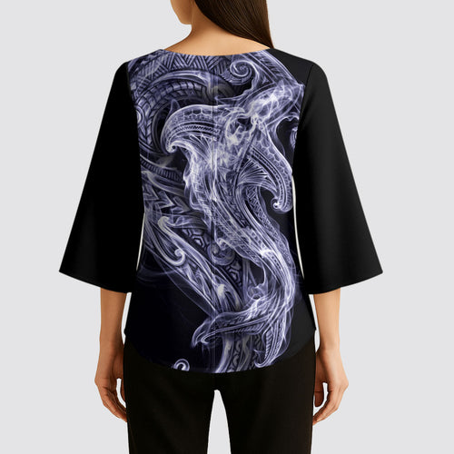 Kikorangi Maori Tribal Hammershark Ghost Spirit Kimono Sleeve Blouse