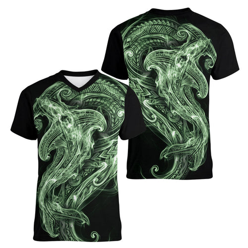 Pounamu Maori Tribal Hammershark Ghost Spirit Women V-Neck T-Shirt