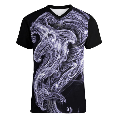 Waiporoporo Maori Tribal Hammershark Ghost Spirit Women V-Neck T-Shirt