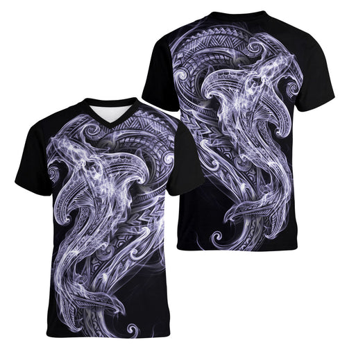 Waiporoporo Maori Tribal Hammershark Ghost Spirit Women V-Neck T-Shirt