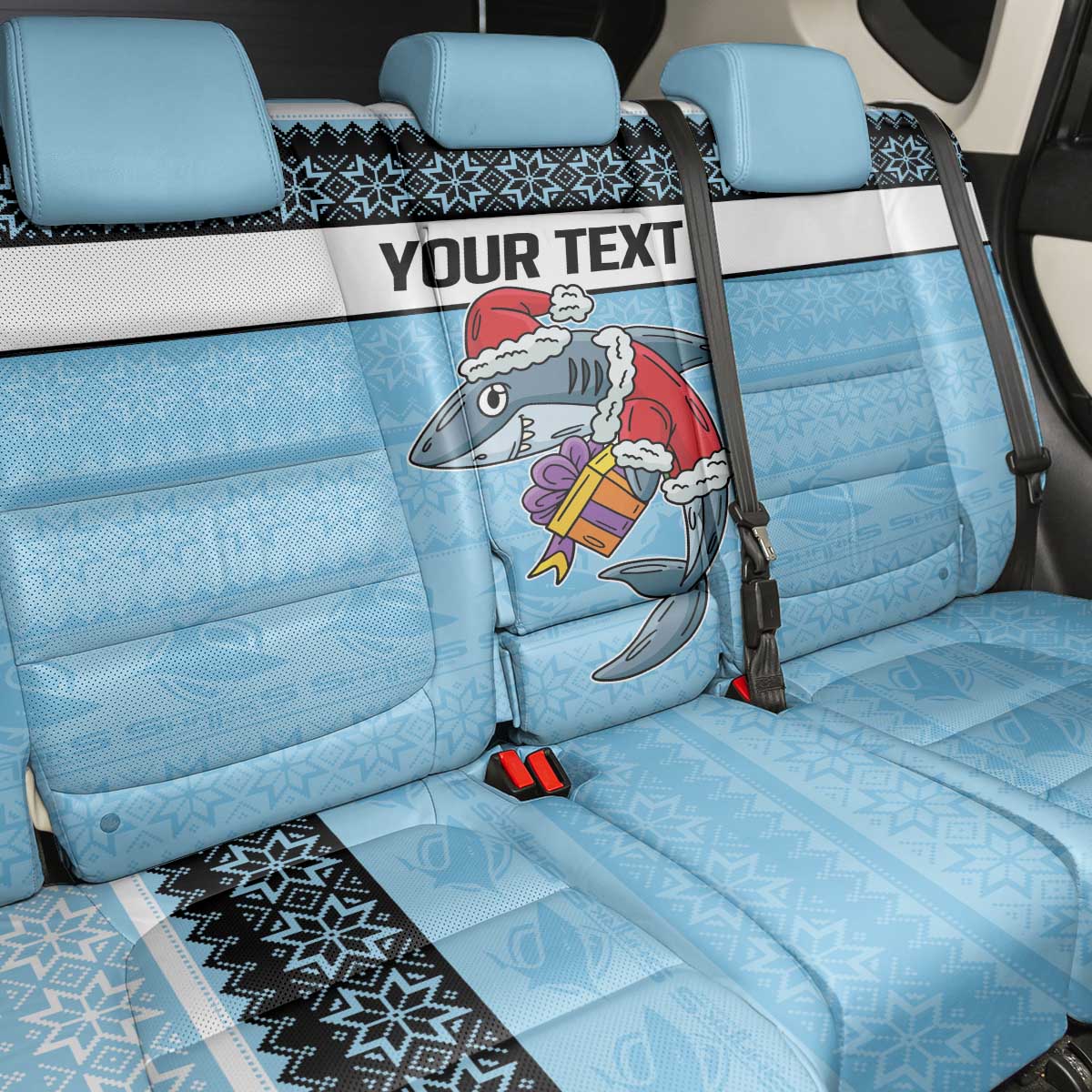 NRL Cronulla-Sutherland Christmas Personalised Back Car Seat Cover with Sharkies Santa