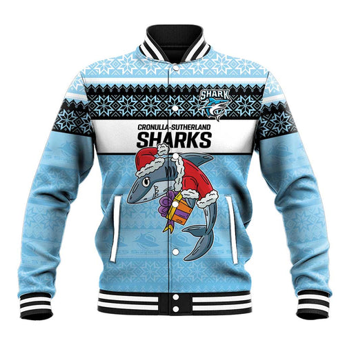 NRL Cronulla-Sutherland Christmas Personalised Baseball Jacket with Sharkies Santa