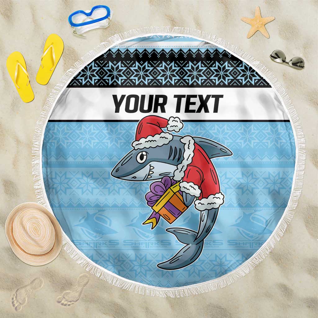 NRL Cronulla-Sutherland Christmas Personalised Beach Blanket with Sharkies Santa