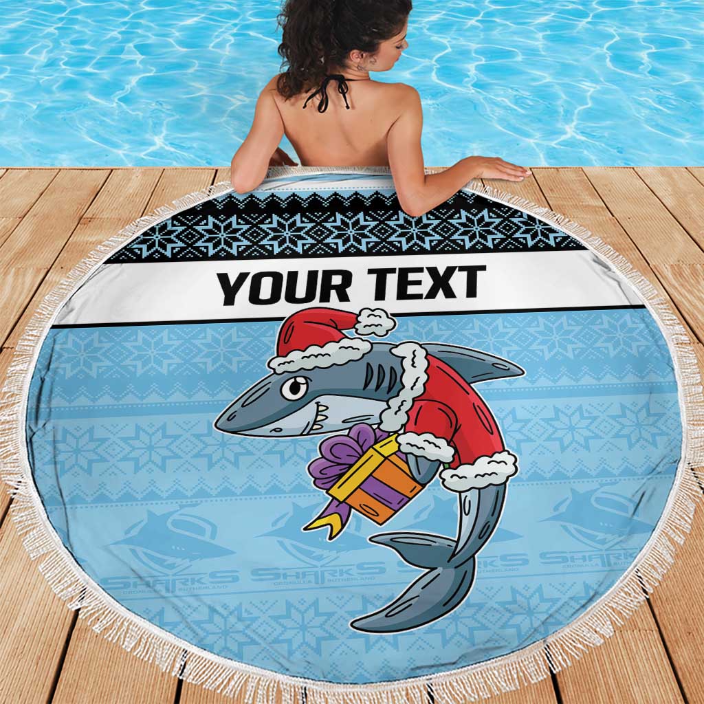 NRL Cronulla-Sutherland Christmas Personalised Beach Blanket with Sharkies Santa