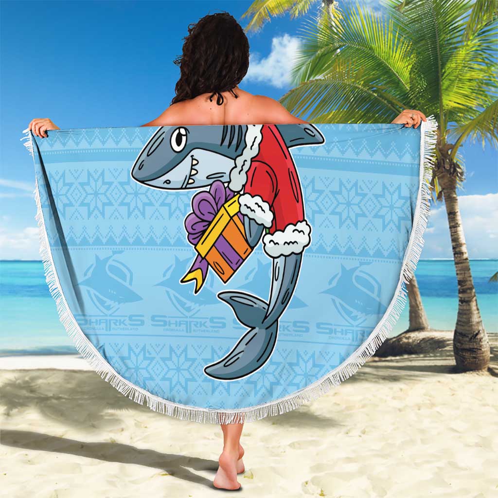 NRL Cronulla-Sutherland Christmas Personalised Beach Blanket with Sharkies Santa