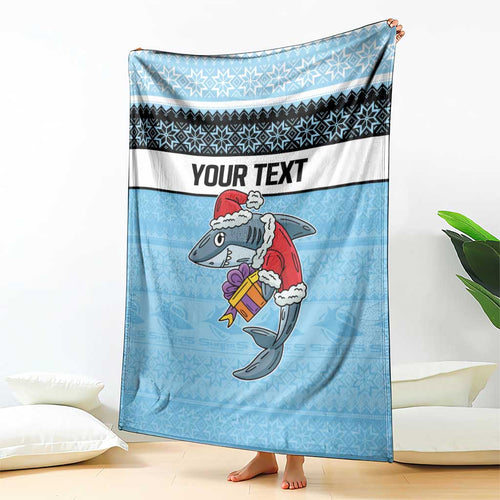NRL Cronulla-Sutherland Christmas Personalised Blanket with Sharkies Santa