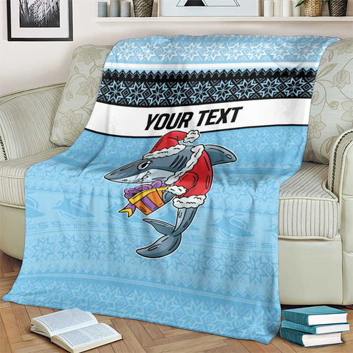 NRL Cronulla-Sutherland Christmas Personalised Blanket with Sharkies Santa