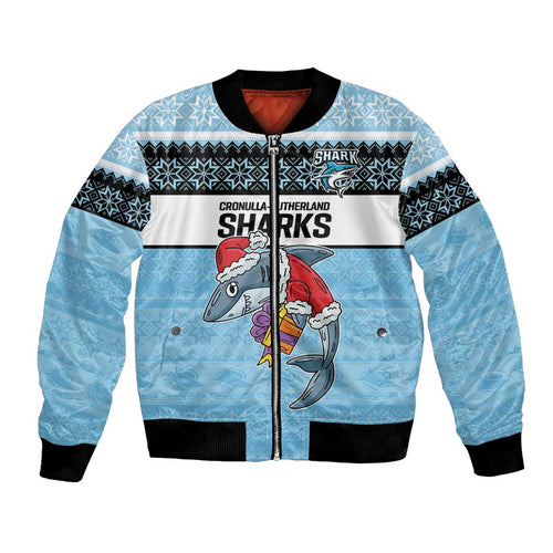 NRL Cronulla-Sutherland Christmas Personalised Bomber Jacket with Sharkies Santa