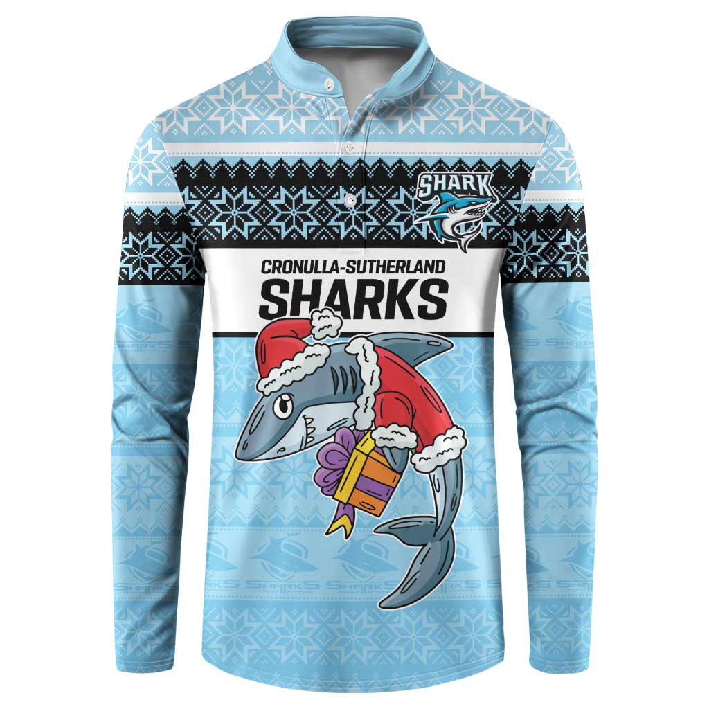 NRL Cronulla-Sutherland Christmas Personalised Button Sweatshirt with Sharkies Santa