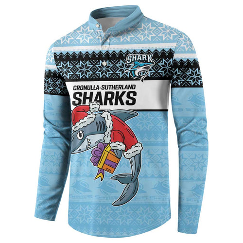 NRL Cronulla-Sutherland Christmas Personalised Button Sweatshirt with Sharkies Santa