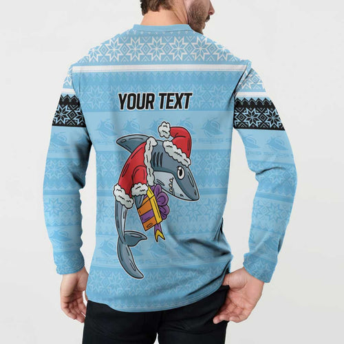 NRL Cronulla-Sutherland Christmas Personalised Button Sweatshirt with Sharkies Santa