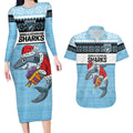 NRL Cronulla-Sutherland Christmas Personalised Couples Matching Long Sleeve Bodycon Dress and Hawaiian Shirt with Sharkies Santa