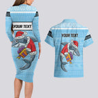 NRL Cronulla-Sutherland Christmas Personalised Couples Matching Long Sleeve Bodycon Dress and Hawaiian Shirt with Sharkies Santa