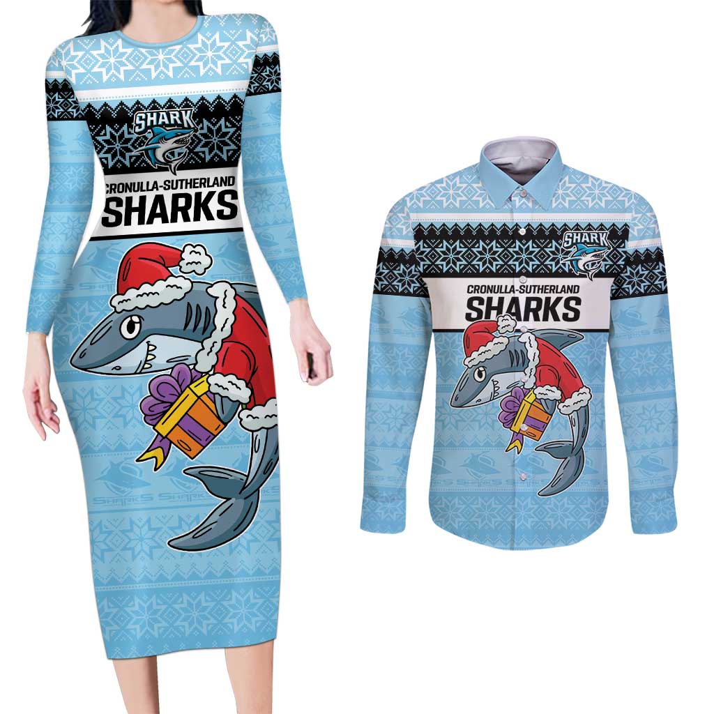 NRL Cronulla-Sutherland Christmas Personalised Couples Matching Long Sleeve Bodycon Dress and Long Sleeve Button Shirt with Sharkies Santa