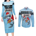NRL Cronulla-Sutherland Christmas Personalised Couples Matching Long Sleeve Bodycon Dress and Long Sleeve Button Shirt with Sharkies Santa