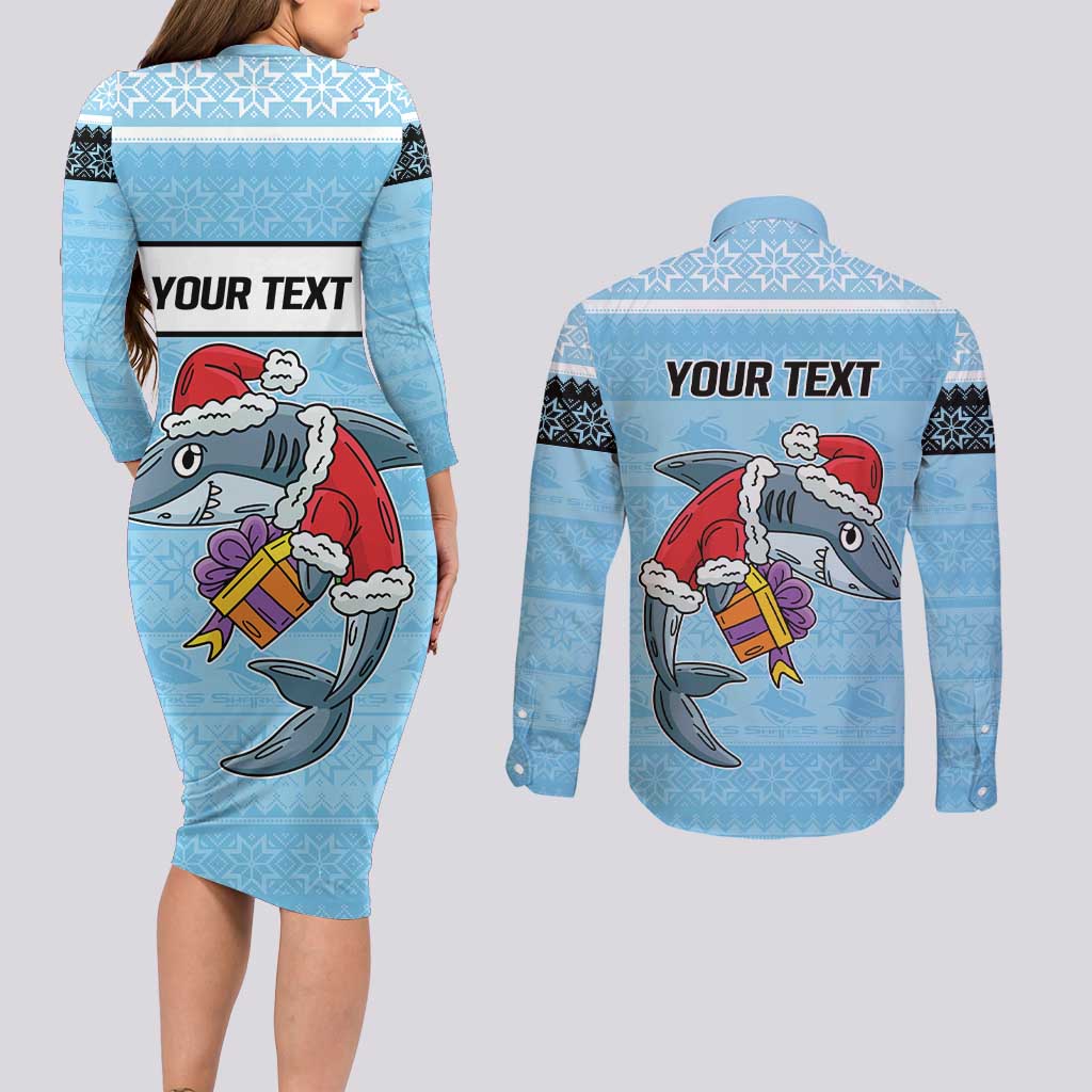 NRL Cronulla-Sutherland Christmas Personalised Couples Matching Long Sleeve Bodycon Dress and Long Sleeve Button Shirt with Sharkies Santa