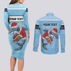 NRL Cronulla-Sutherland Christmas Personalised Couples Matching Long Sleeve Bodycon Dress and Long Sleeve Button Shirt with Sharkies Santa