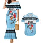 NRL Cronulla-Sutherland Christmas Personalised Couples Matching Mermaid Dress and Hawaiian Shirt with Sharkies Santa