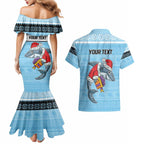 NRL Cronulla-Sutherland Christmas Personalised Couples Matching Mermaid Dress and Hawaiian Shirt with Sharkies Santa