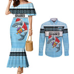 NRL Cronulla-Sutherland Christmas Personalised Couples Matching Mermaid Dress and Long Sleeve Button Shirt with Sharkies Santa
