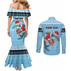 NRL Cronulla-Sutherland Christmas Personalised Couples Matching Mermaid Dress and Long Sleeve Button Shirt with Sharkies Santa