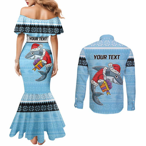NRL Cronulla-Sutherland Christmas Personalised Couples Matching Mermaid Dress and Long Sleeve Button Shirt with Sharkies Santa