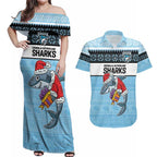 NRL Cronulla-Sutherland Christmas Personalised Couples Matching Off Shoulder Maxi Dress and Hawaiian Shirt with Sharkies Santa