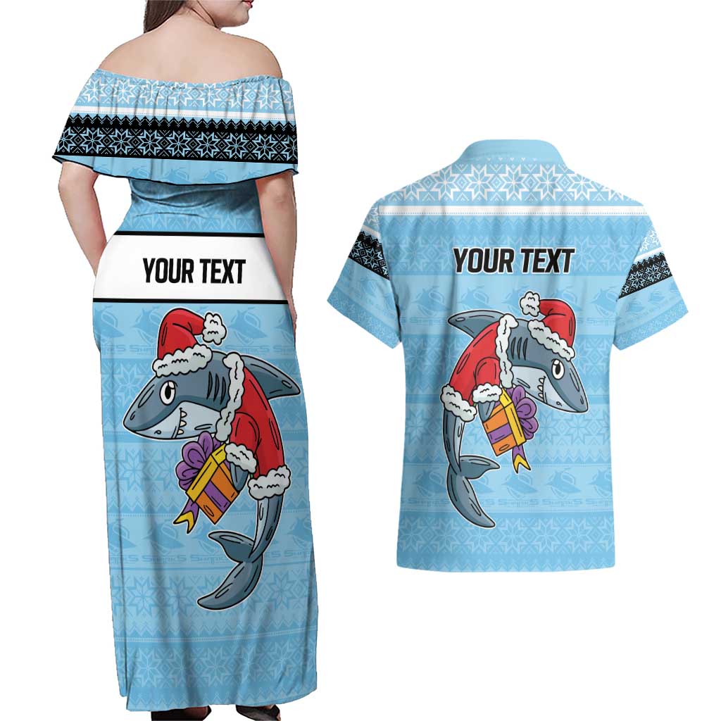 NRL Cronulla-Sutherland Christmas Personalised Couples Matching Off Shoulder Maxi Dress and Hawaiian Shirt with Sharkies Santa