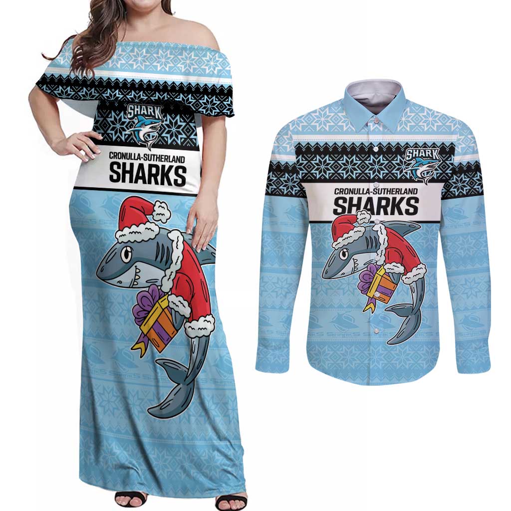 NRL Cronulla-Sutherland Christmas Personalised Couples Matching Off Shoulder Maxi Dress and Long Sleeve Button Shirt with Sharkies Santa