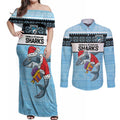 NRL Cronulla-Sutherland Christmas Personalised Couples Matching Off Shoulder Maxi Dress and Long Sleeve Button Shirt with Sharkies Santa