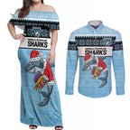 NRL Cronulla-Sutherland Christmas Personalised Couples Matching Off Shoulder Maxi Dress and Long Sleeve Button Shirt with Sharkies Santa