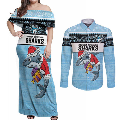 NRL Cronulla-Sutherland Christmas Personalised Couples Matching Off Shoulder Maxi Dress and Long Sleeve Button Shirt with Sharkies Santa