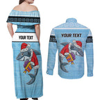 NRL Cronulla-Sutherland Christmas Personalised Couples Matching Off Shoulder Maxi Dress and Long Sleeve Button Shirt with Sharkies Santa