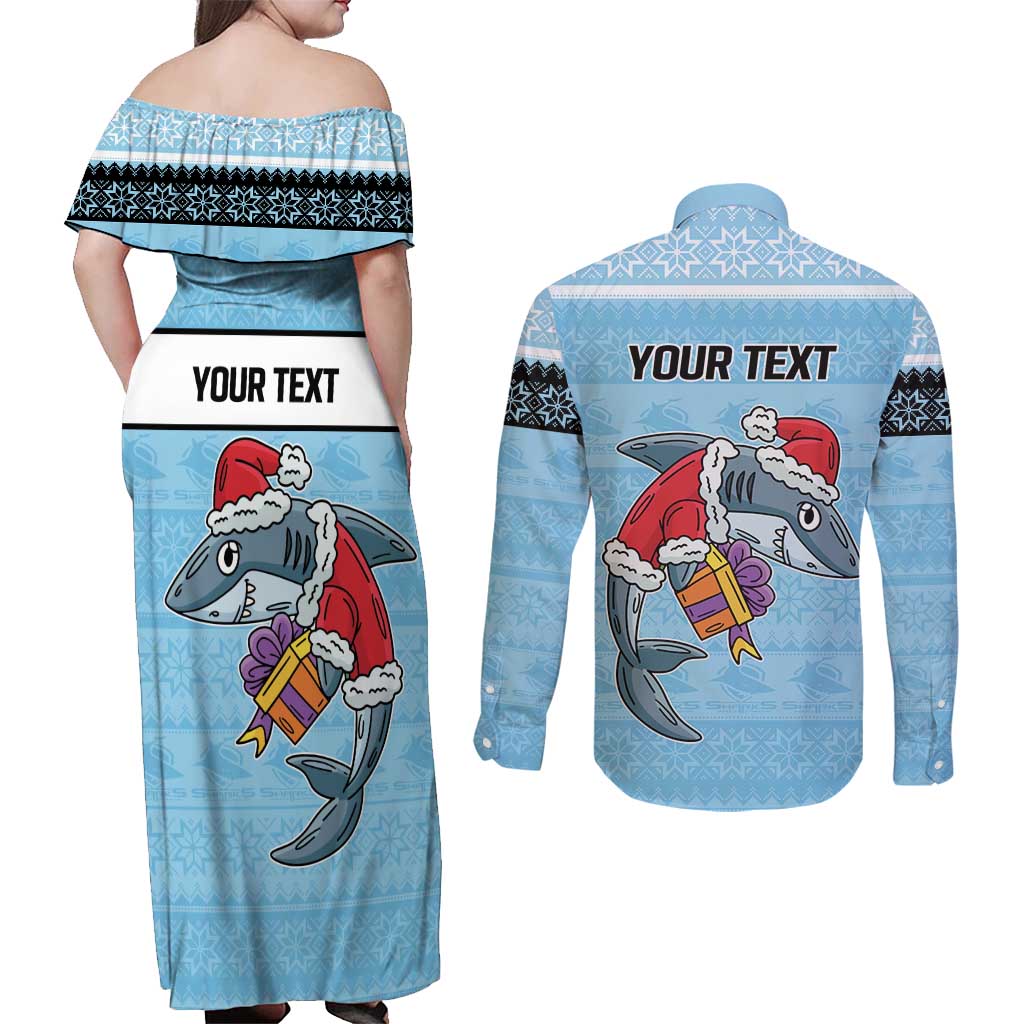NRL Cronulla-Sutherland Christmas Personalised Couples Matching Off Shoulder Maxi Dress and Long Sleeve Button Shirt with Sharkies Santa