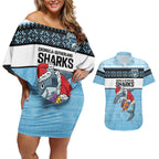 NRL Cronulla-Sutherland Christmas Personalised Couples Matching Off Shoulder Short Dress and Hawaiian Shirt with Sharkies Santa