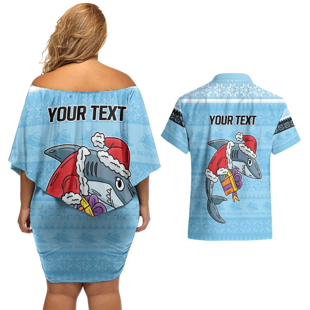 NRL Cronulla-Sutherland Christmas Personalised Couples Matching Off Shoulder Short Dress and Hawaiian Shirt with Sharkies Santa
