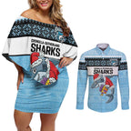 NRL Cronulla-Sutherland Christmas Personalised Couples Matching Off Shoulder Short Dress and Long Sleeve Button Shirt with Sharkies Santa