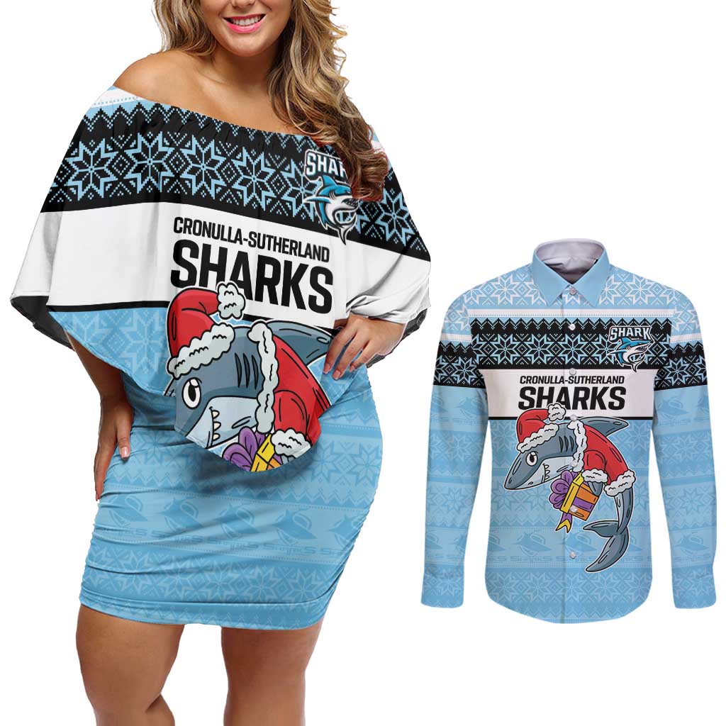 NRL Cronulla-Sutherland Christmas Personalised Couples Matching Off Shoulder Short Dress and Long Sleeve Button Shirt with Sharkies Santa