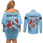 NRL Cronulla-Sutherland Christmas Personalised Couples Matching Off Shoulder Short Dress and Long Sleeve Button Shirt with Sharkies Santa