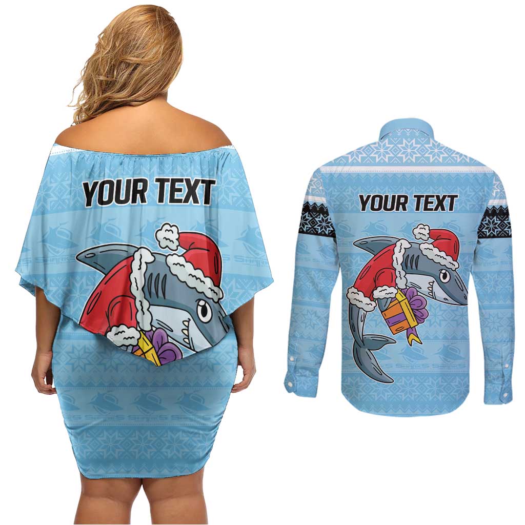 NRL Cronulla-Sutherland Christmas Personalised Couples Matching Off Shoulder Short Dress and Long Sleeve Button Shirt with Sharkies Santa