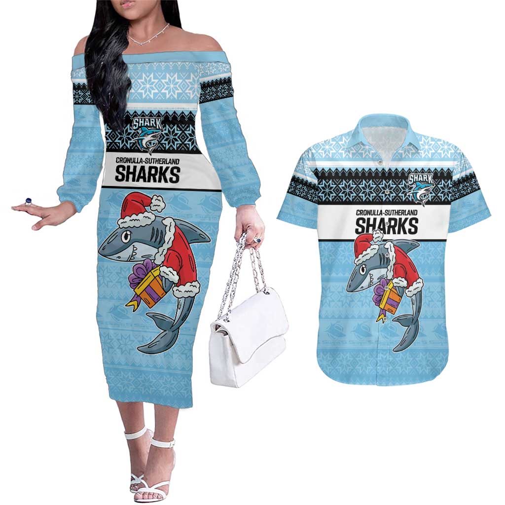 NRL Cronulla-Sutherland Christmas Personalised Couples Matching Off The Shoulder Long Sleeve Dress and Hawaiian Shirt with Sharkies Santa